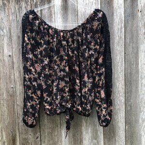 Sheer Floral Flowy Boho Crochet Long Sleeve Blouse
